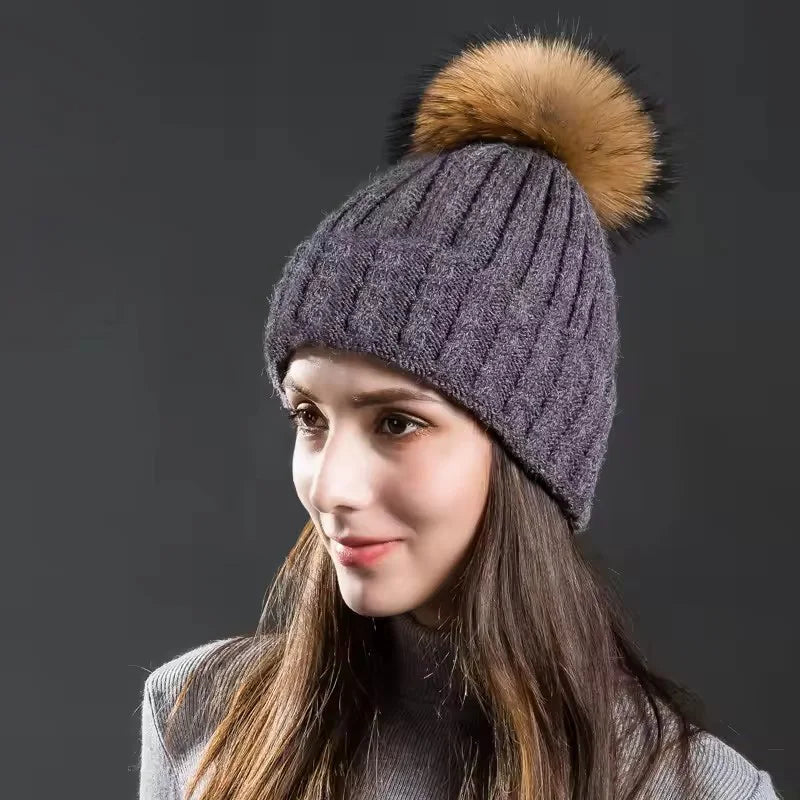 The Aspen | Raccoon Fur Pompom Casual Knitted Beanie | Urban Caps NZ