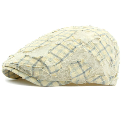 Glastonbury Lace Floral Beret in Blue Plaid