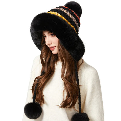 Nunavut Three-Pompom Fur Trapper Hat in Black