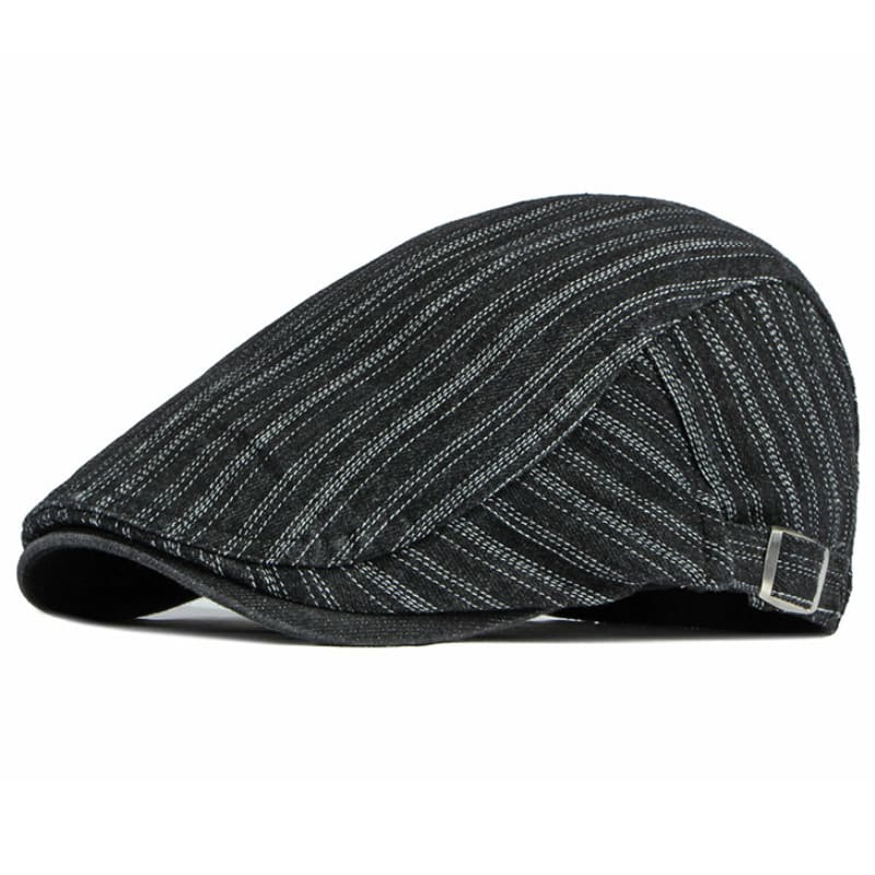 Sook Striped Denim Flat Cap - Classic Cotton Flat Cap With Striped Denim Casual Style