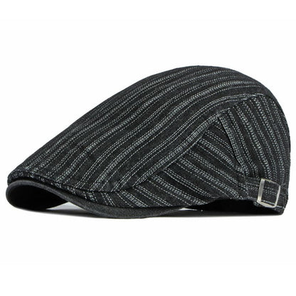 Sook Striped Denim Flat Cap - Classic Cotton Flat Cap With Striped Denim Casual Style