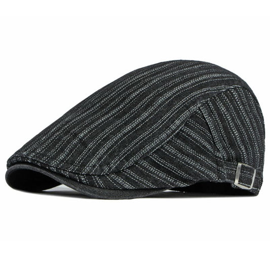 Sook Striped Denim Flat Cap - Classic Cotton Flat Cap With Striped Denim Casual Style