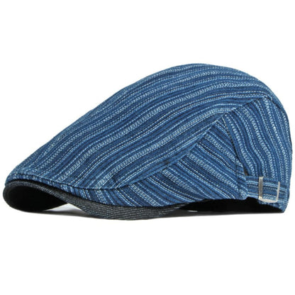 Sook Striped Denim Flat Cap - Classic Cotton Flat Cap With Striped Denim Casual Style