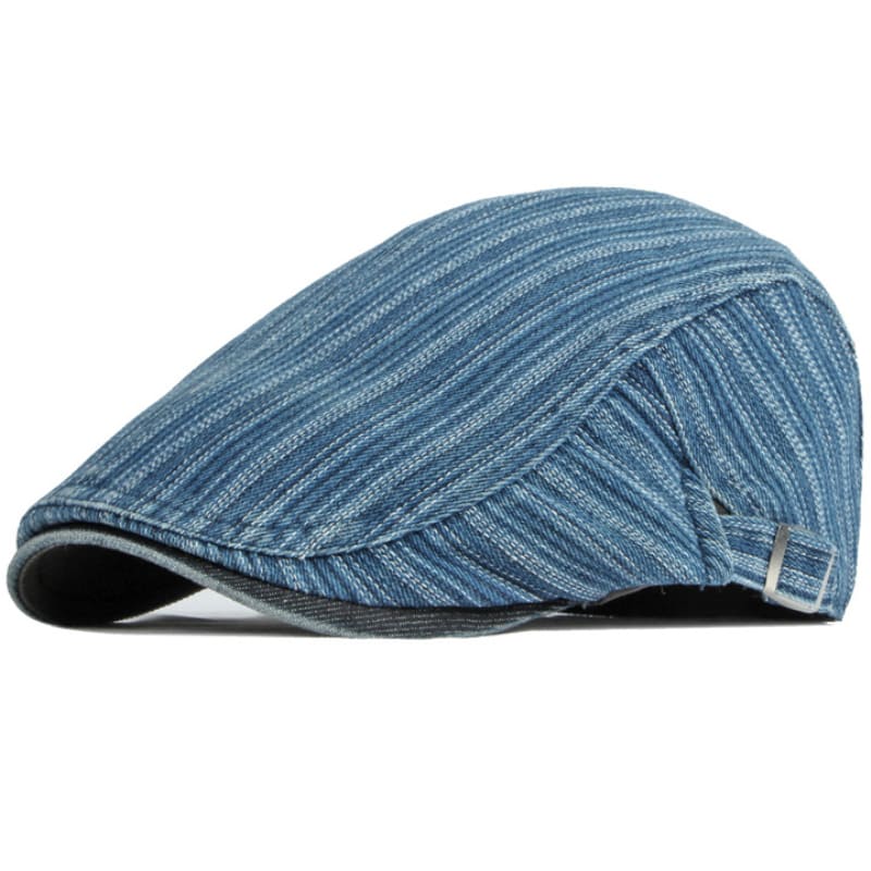 Sook Striped Denim Flat Cap - Classic Cotton Flat Cap With Striped Denim Casual Style