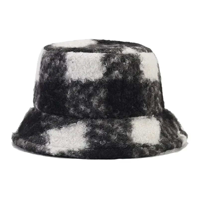 Tarly Winter Plaid Fur Bucket Hat - Cotton Plaid Winter Hat For Cozy Everyday Style