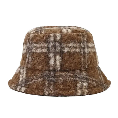 Tarly Winter Plaid Fur Bucket Hat - Cotton Plaid Winter Hat For Cozy Everyday Style