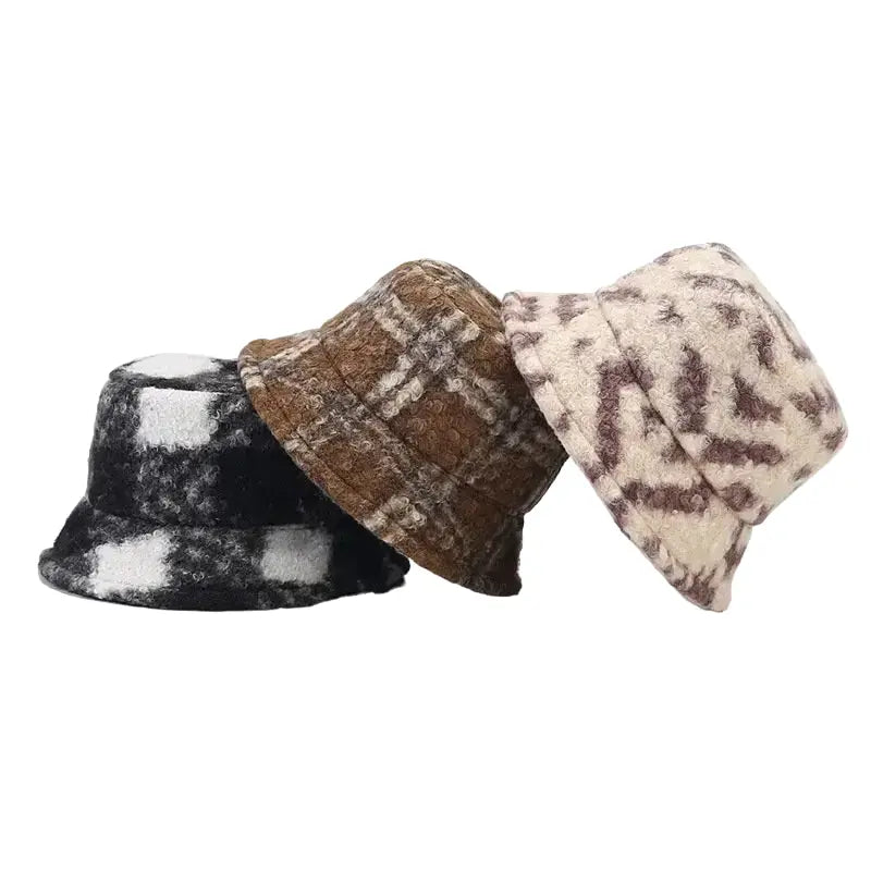 Tarly Winter Plaid Fur Bucket Hat - Cotton Plaid Winter Hat For Cozy Everyday Style