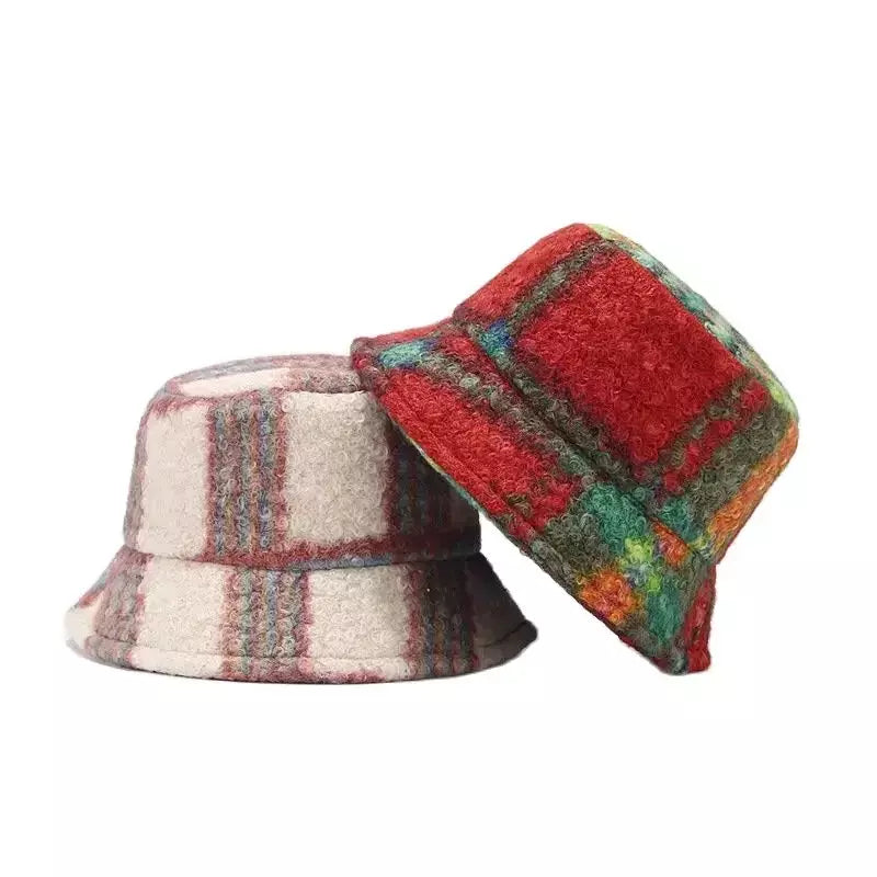 Tarly Winter Plaid Fur Bucket Hat - Cotton Plaid Winter Hat For Cozy Everyday Style