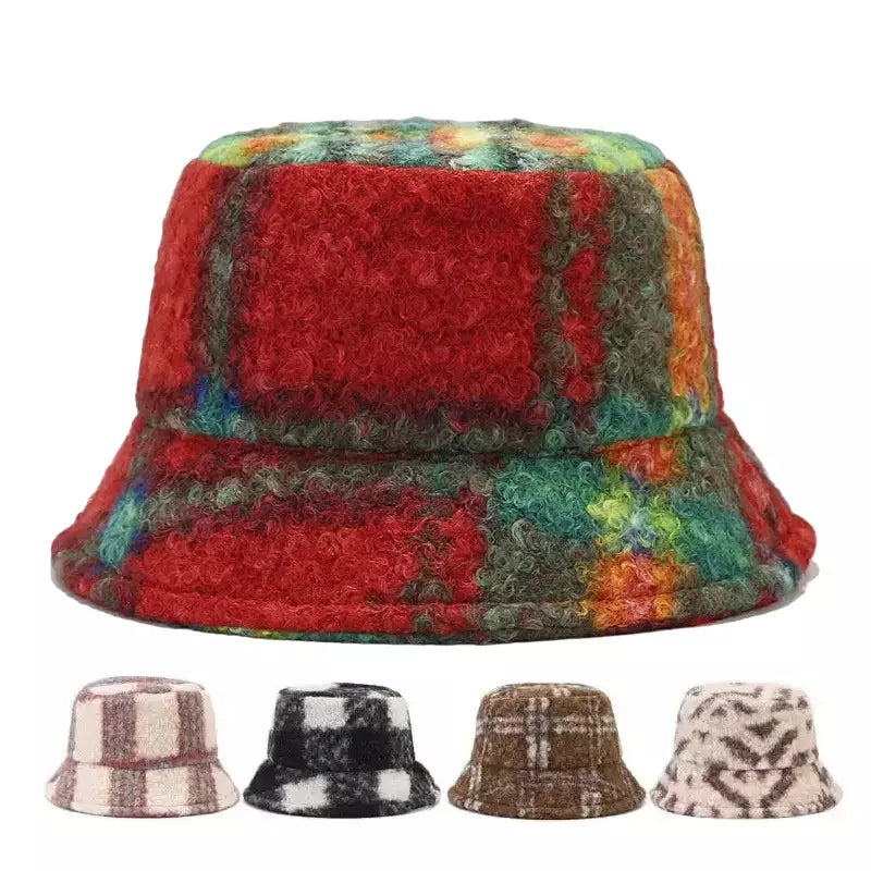 Tarly Winter Plaid Fur Bucket Hat - Cotton Plaid Winter Hat For Cozy Everyday Style