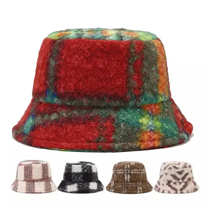 Tarly Winter Plaid Fur Bucket Hat - Cotton Plaid Winter Hat For Cozy Everyday Style