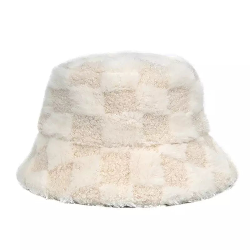 Vintage Plaid Fur Bucket Hat - Retro Plaid Fur Design With Classic Bucket Silhouette