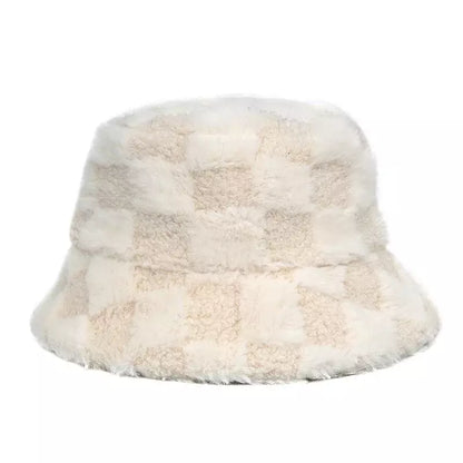 Vintage Plaid Fur Bucket Hat - Retro Plaid Fur Design With Classic Bucket Silhouette