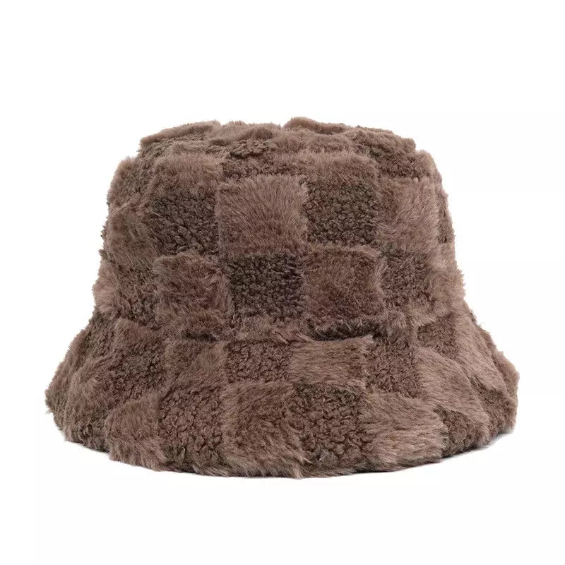 Vintage Plaid Fur Bucket Hat - Retro Plaid Fur Design With Classic Bucket Silhouette