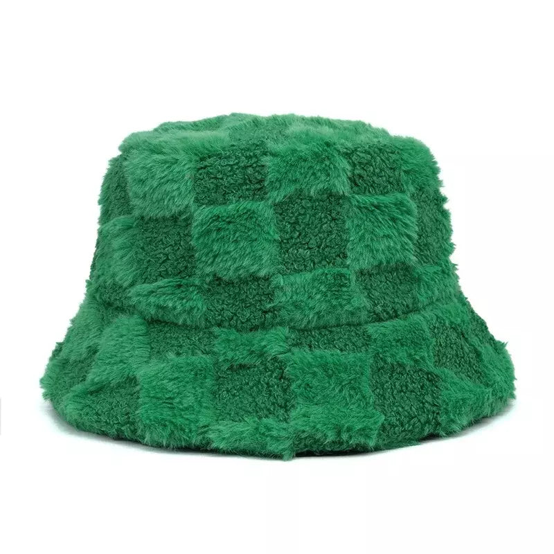 Vintage Plaid Fur Bucket Hat - Retro Plaid Fur Design With Classic Bucket Silhouette