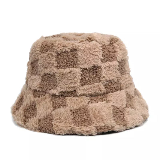 Vintage Plaid Fur Bucket Hat - Retro Plaid Fur Design With Classic Bucket Silhouette