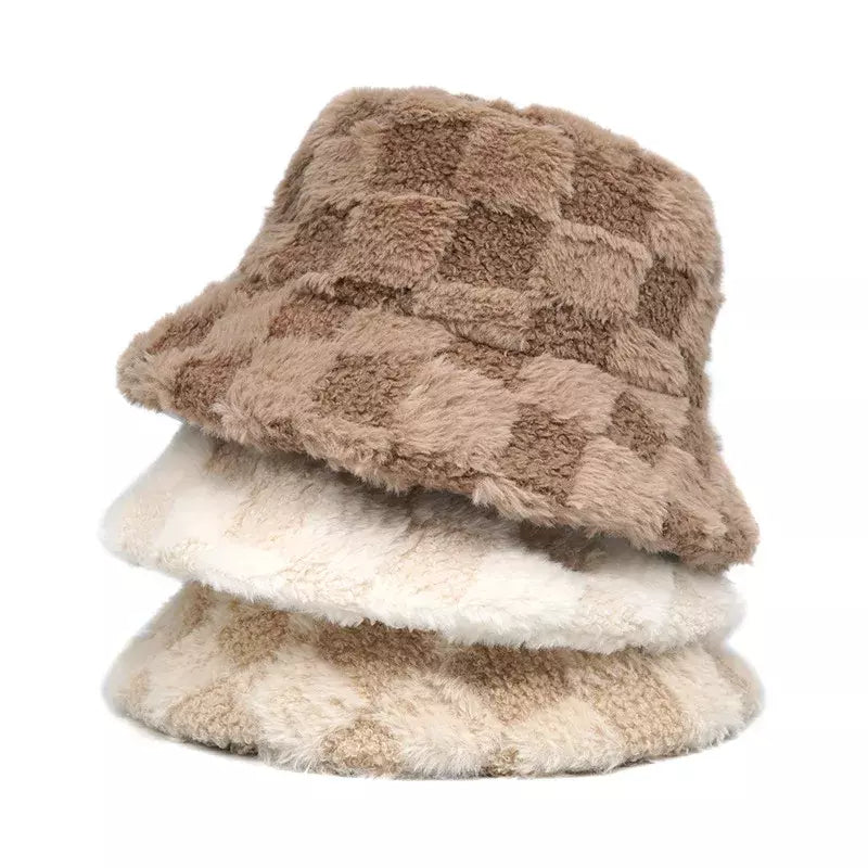 Vintage Plaid Fur Bucket Hat - Retro Plaid Fur Design With Classic Bucket Silhouette