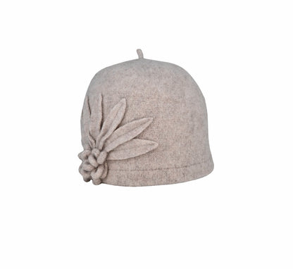 Clara Boiled Wool Pull-On Hat with Flower and Leaf Side Design