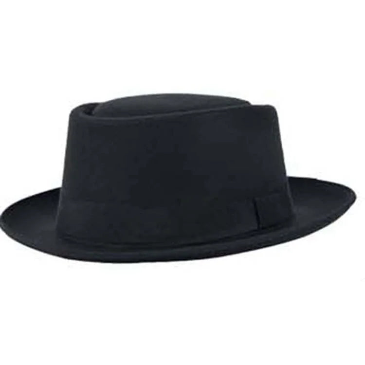 Walter Black Wool Pork Pie Hat – Classic Flat Crown Short Brim Hat