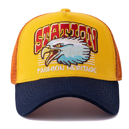Wild Eagle Station Trucker Cap - Breathable Cotton And Mesh Casual Hat For All Day Comfort