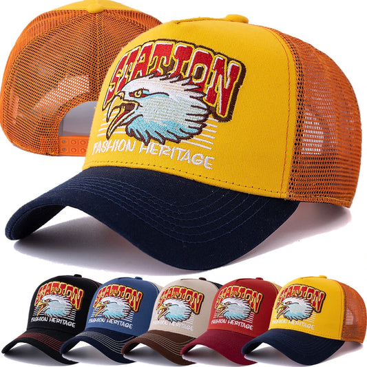Wild Eagle Station Trucker Cap - Breathable Cotton And Mesh Casual Hat For All Day Comfort