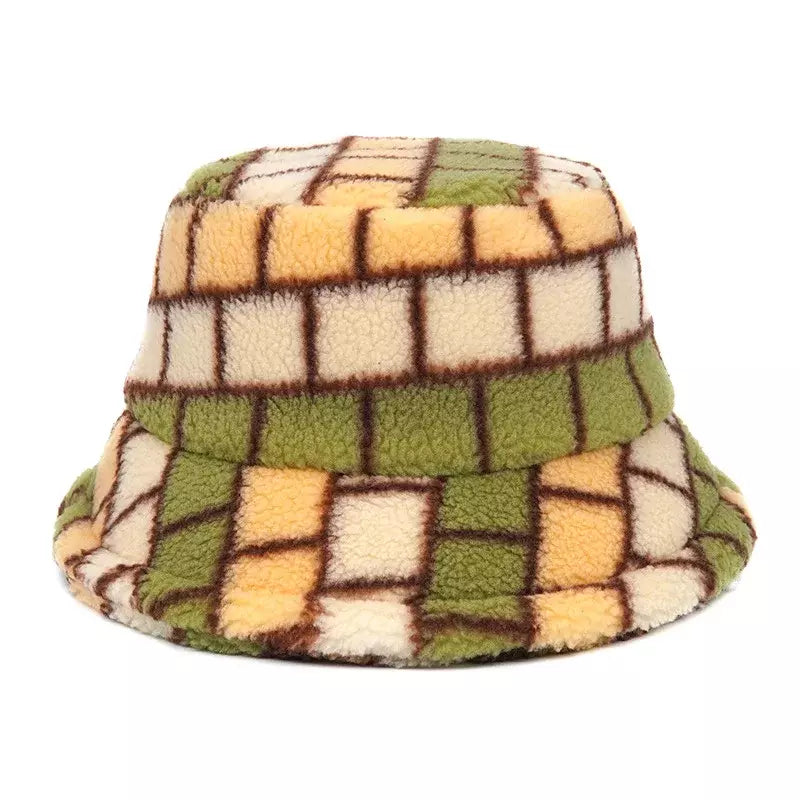 Winter Plaid Fur Bucket Hat - Cozy Winter Look With A Casual Silhouette For Casual Outings
