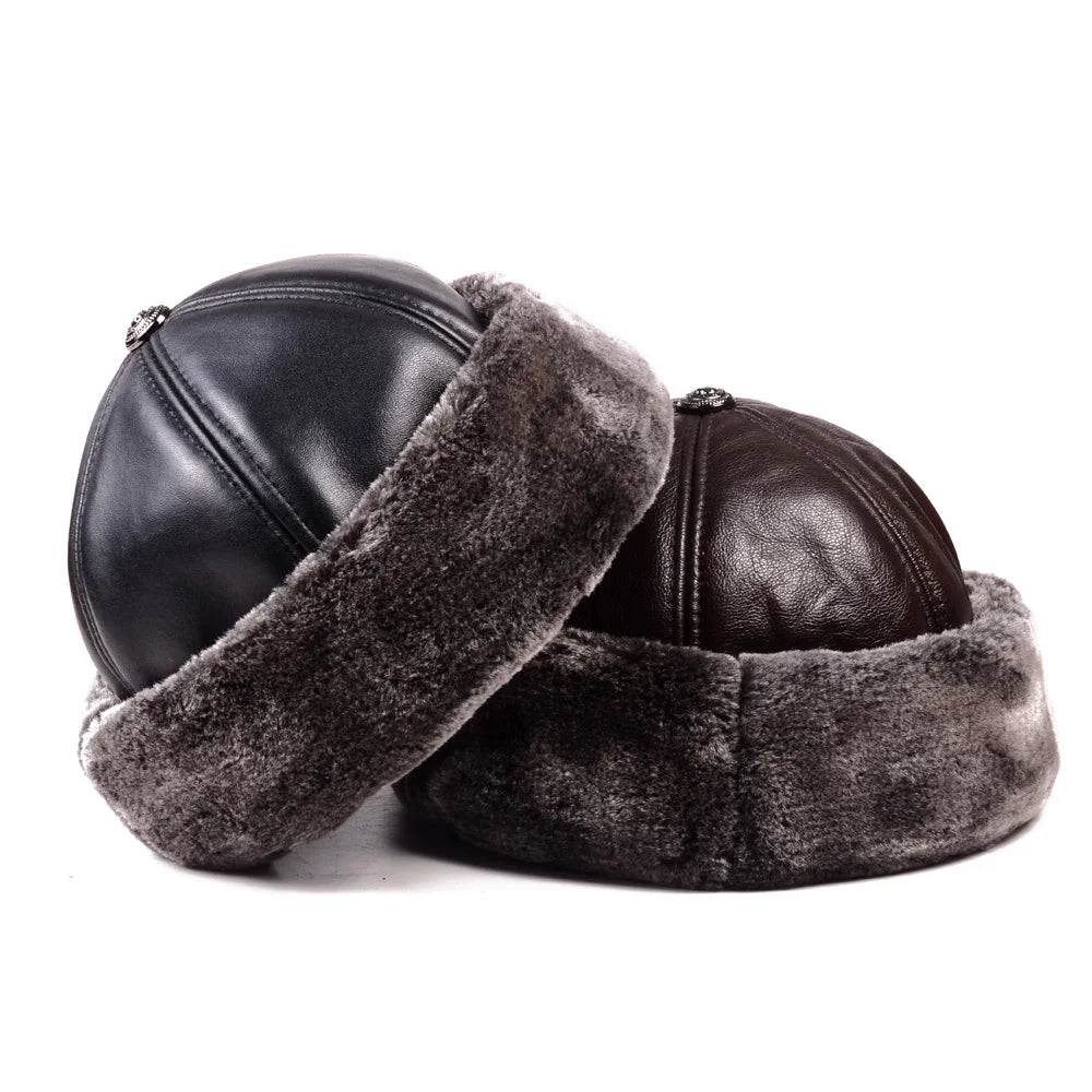 Winter Russian Fur Genuine Leather Docker Cap - Warm Leather Docker Cap With Winter Style
