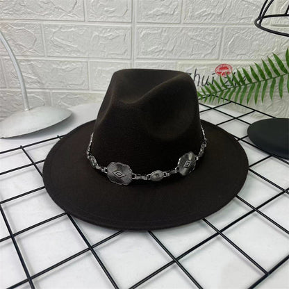 Hat Silver Square Chain Top Hat Wide Brim Flat Edge Woolen Fedora Hat - Urban Caps 