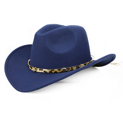 Leopard Print Five-pointed Star Belt Cowboy Hat Men's And Women's Autumn And Winter Woolen Fedora Hat Outdoor Knight Hat Western Cowboy Hat - Urban Caps 