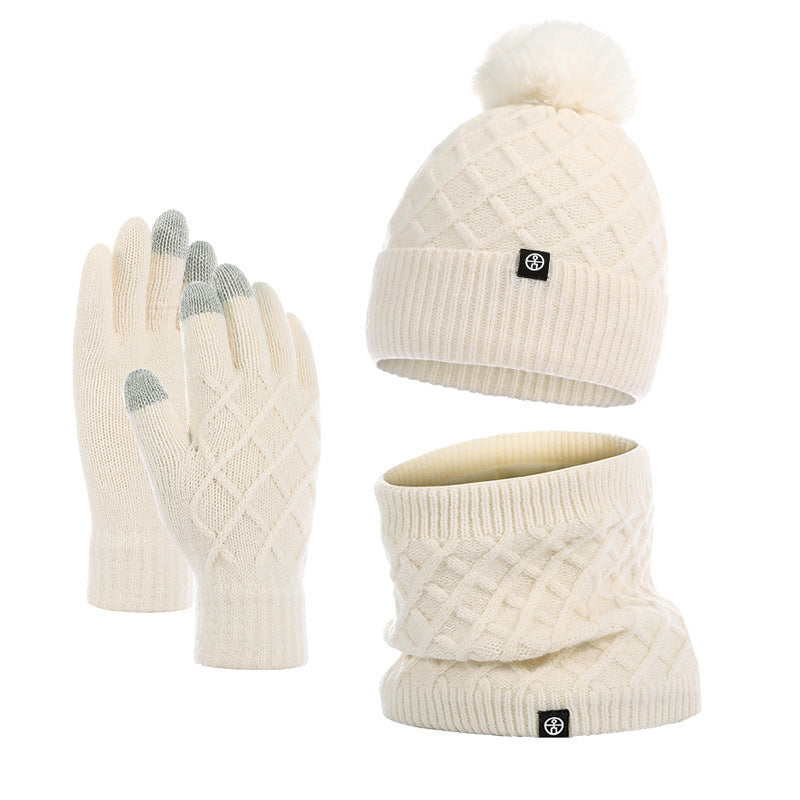 Autumn And Winter Hat Scarf Gloves Knitted Hat Amazon Outdoor Fleece-lined Warm Fur Ball Thickened Woolen Cap Three-piece Set - Urban Caps 