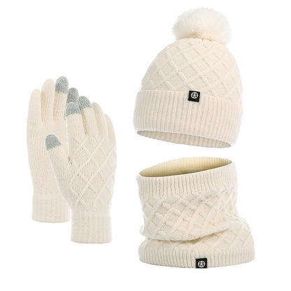 Autumn And Winter Hat Scarf Gloves Knitted Hat Amazon Outdoor Fleece-lined Warm Fur Ball Thickened Woolen Cap Three-piece Set - Urban Caps 