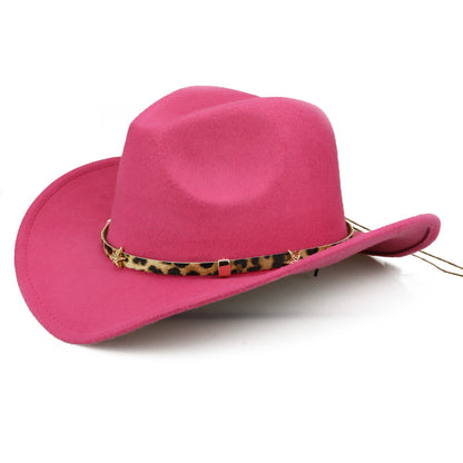 Leopard Print Five-pointed Star Belt Cowboy Hat Men's And Women's Autumn And Winter Woolen Fedora Hat Outdoor Knight Hat Western Cowboy Hat - Urban Caps 