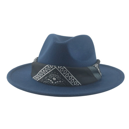 Paisley Ribbon Wide Brim Woolen Top Hat Felt Cowboy Hat - Urban Caps 