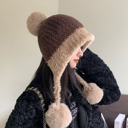 Fleece-lined Thickened Knitting Hanging Ball Woolen Cap Warm Ear Protection Knitted Hat - Urban Caps 