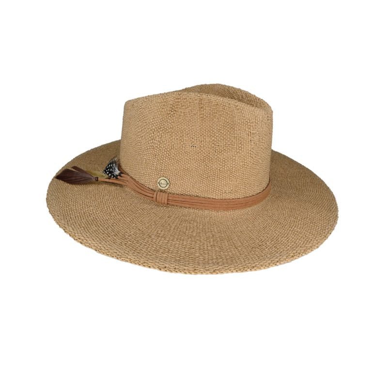 Allegra Woven Natural Fibre Wide Brim Fedora Hat with Suede and Feather Band - Urban Caps