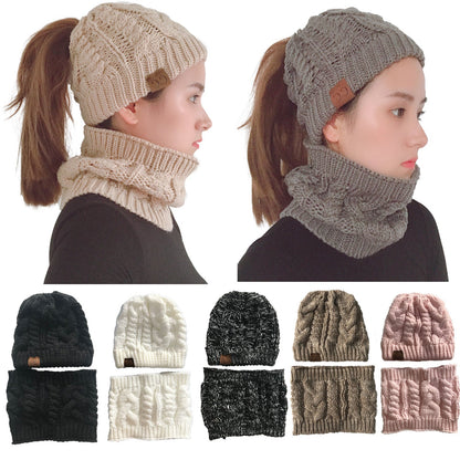 Autumn Winter Women's Hat Caps Knitted Warm ring Scarf Windproof Balaclava Multi Functional CC ponytail Hats Scarf Set For Women - Urban Caps