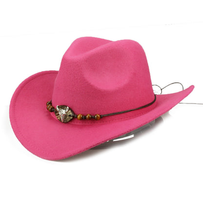 Western Cowboy Hat Wooden Bead Bull Head Fedora Hat - Urban Caps 