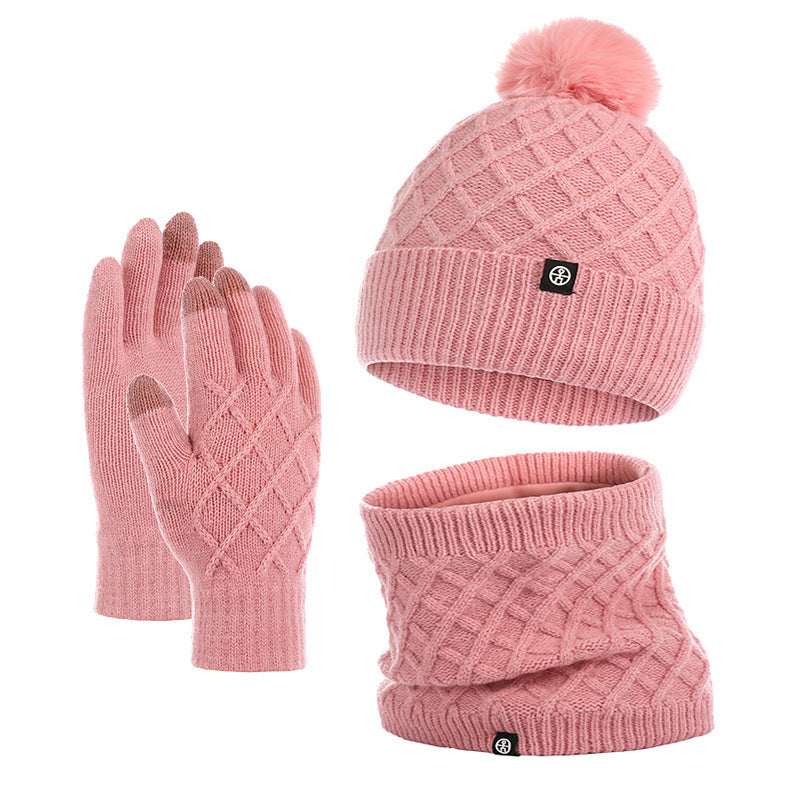 Autumn And Winter Hat Scarf Gloves Knitted Hat Amazon Outdoor Fleece-lined Warm Fur Ball Thickened Woolen Cap Three-piece Set - Urban Caps 