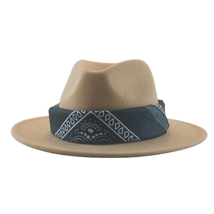Paisley Ribbon Wide Brim Woolen Top Hat Felt Cowboy Hat - Urban Caps 