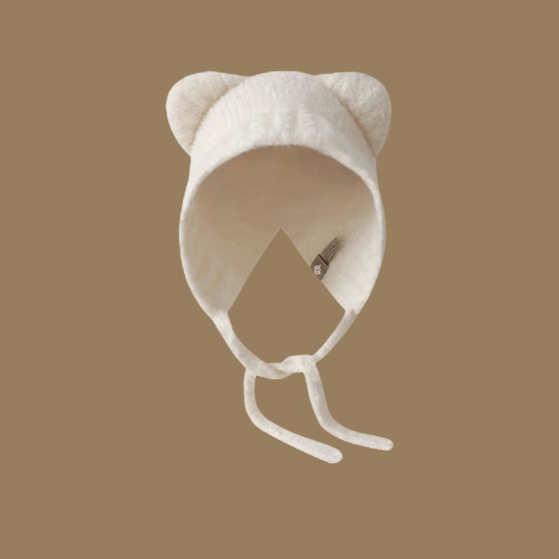 Bear Ear Knit Hat – Warm Cartoon - Style Woolen Beanie with Lace - Up Detail - Urban Caps