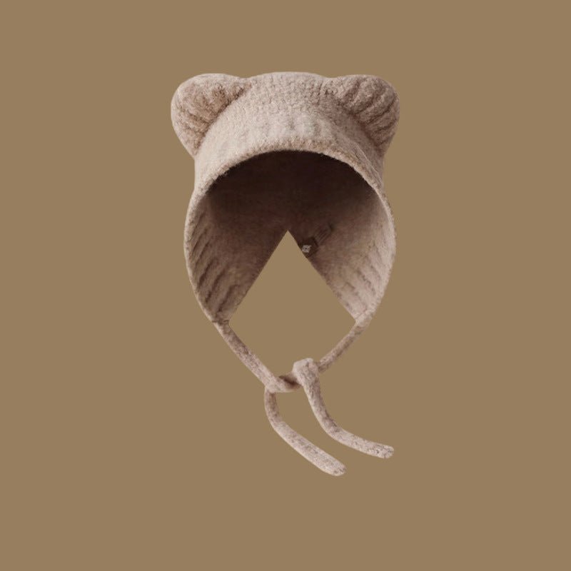 Bear Ear Knit Hat – Warm Cartoon - Style Woolen Beanie with Lace - Up Detail - Urban Caps