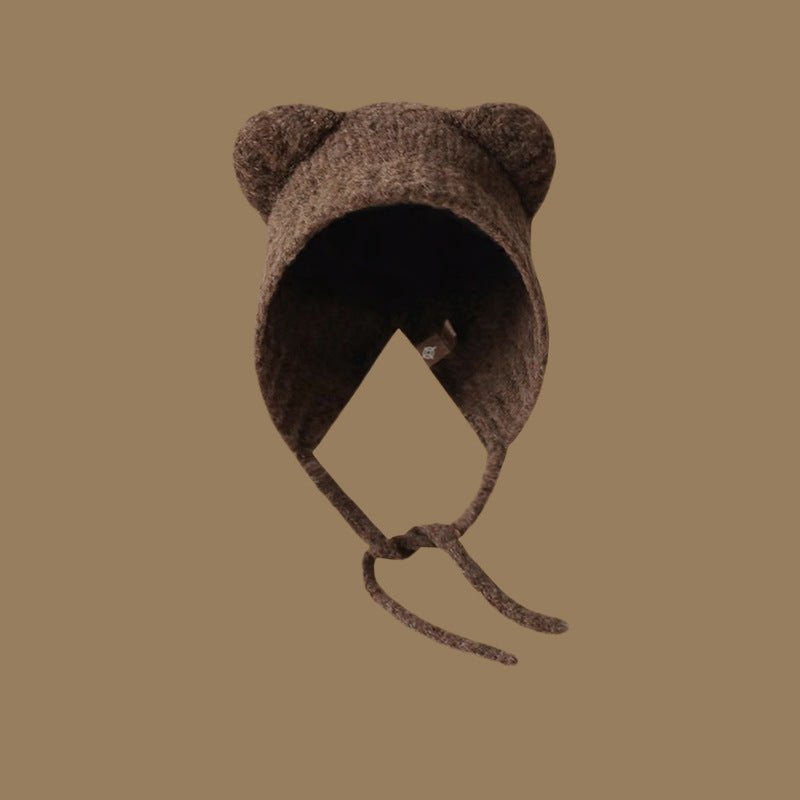 Bear Ear Knit Hat – Warm Cartoon - Style Woolen Beanie with Lace - Up Detail - Urban Caps