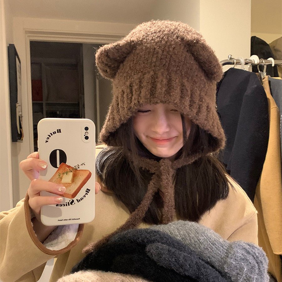 Bear Ear Knit Hat – Warm Cartoon - Style Woolen Beanie with Lace - Up Detail - Urban Caps