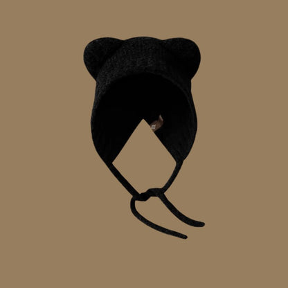 Bear Ear Knit Hat – Warm Cartoon - Style Woolen Beanie with Lace - Up Detail - Urban Caps