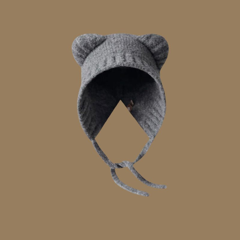 Bear Ear Knit Hat – Warm Cartoon - Style Woolen Beanie with Lace - Up Detail - Urban Caps
