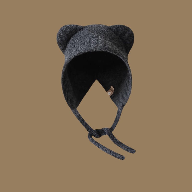 Bear Ear Knit Hat – Warm Cartoon - Style Woolen Beanie with Lace - Up Detail - Urban Caps