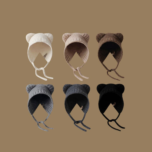 Bear Ear Knit Hat – Warm Cartoon - Style Woolen Beanie with Lace - Up Detail - Urban Caps