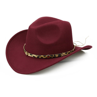 Leopard Print Five-pointed Star Belt Cowboy Hat Men's And Women's Autumn And Winter Woolen Fedora Hat Outdoor Knight Hat Western Cowboy Hat - Urban Caps 