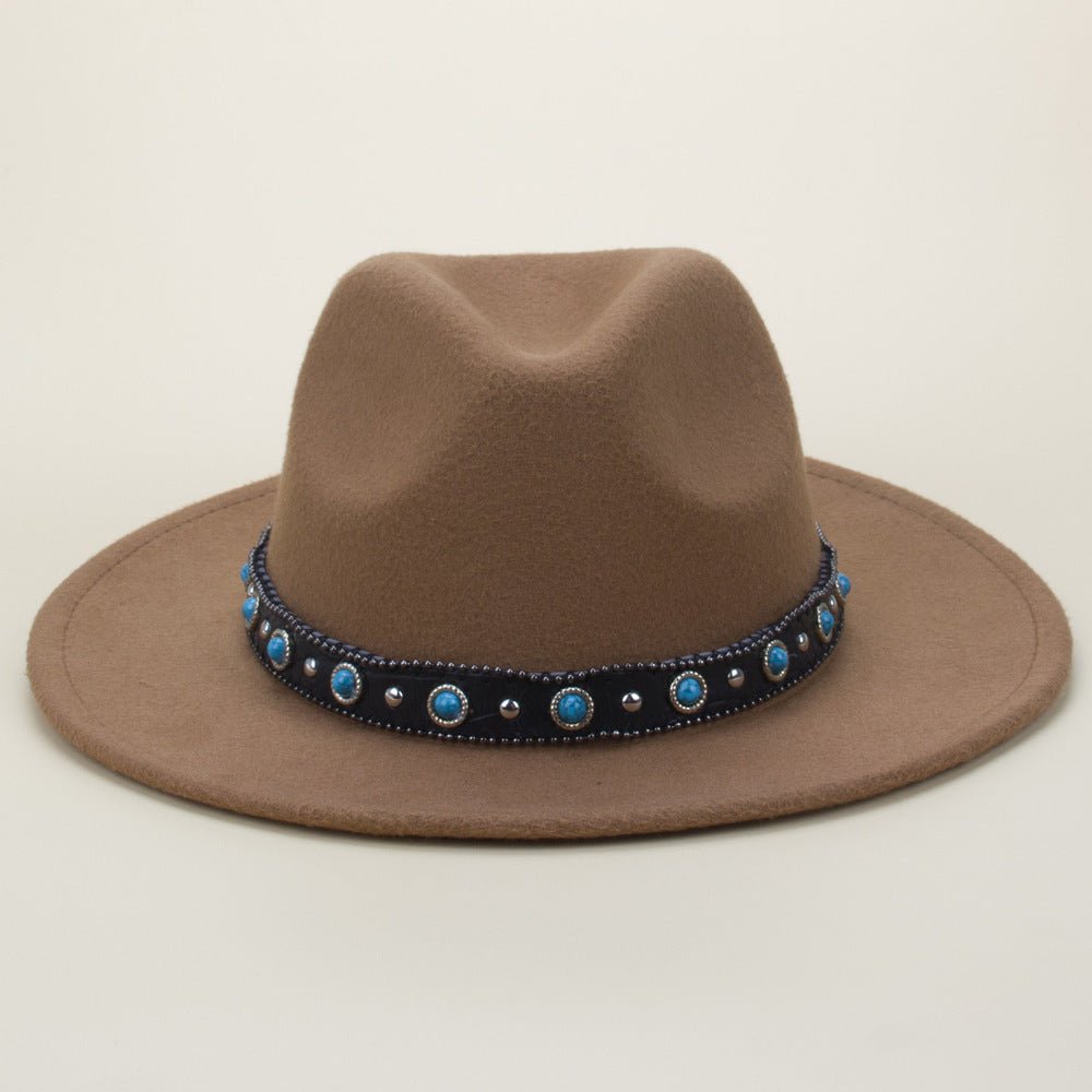 Bohemian Style Woven Leather Belt Denim Fur Felt Hat - Urban Caps