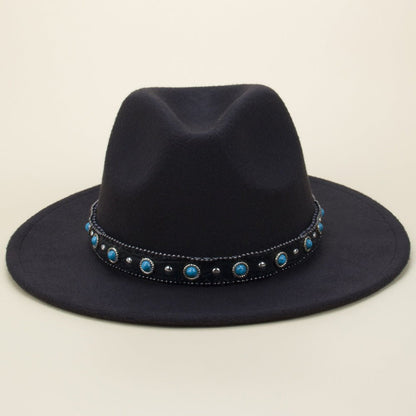 Bohemian Style Woven Leather Belt Denim Fur Felt Hat - Urban Caps