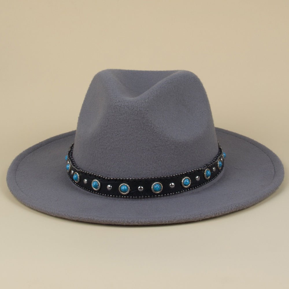 Bohemian Style Woven Leather Belt Denim Fur Felt Hat - Urban Caps